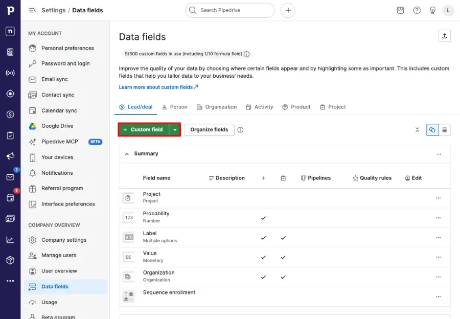 Pipedrive custom object